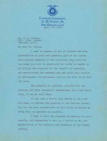 Letter of gratitude from the Salvation Army to C.W. Gibson for the donation of Camp Houdd Gibson. 
(