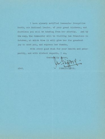 Letter of gratitude from the Salvation Army to C.W. Gibson for the donation of Camp Houdd Gibson. 
(