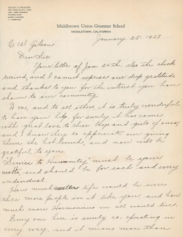 Letter of gratitude to C.W. Gibson from Middletown Union Grammar School for a donation.
Signed Mrs.