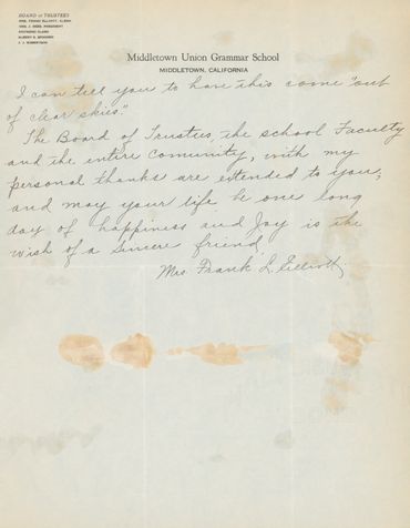 Letter of gratitude to C.W. Gibson from Middletown Union Grammar School for a donation.
Signed Mrs.