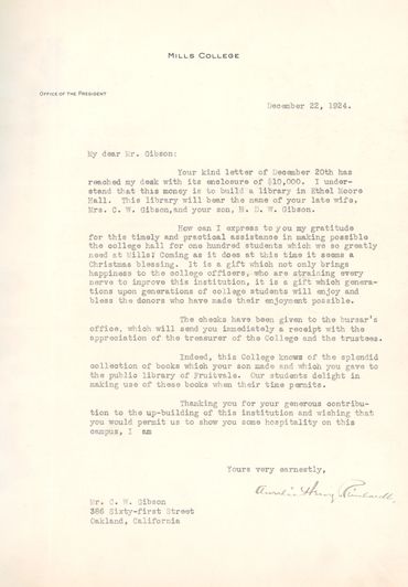 Letter of gratitude from Aurelia Henry Reinhardt, President, Mills College. 
A $10,000 donation from