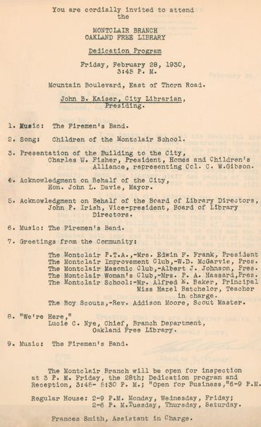 Montclair Branch Library Dedication Program — Homes and Children's Alliance, representing C.W. Gibso