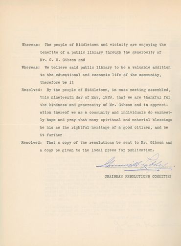 Resolution of gratitude from the people of Middletown, California for the Gibson public library. 
(M