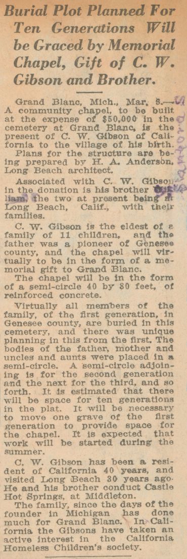 Flint Daily Journal, 1922 
A community chapel, to be built at the expense of $50,000 in the cemetery