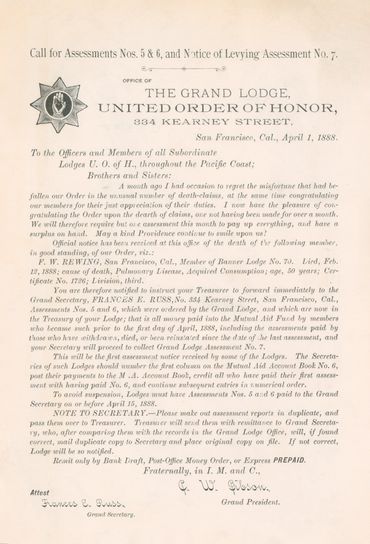 The Grand Lodge
United Order of Honor 
Grand President C.W. Gibson
San Francisco, California (1888)