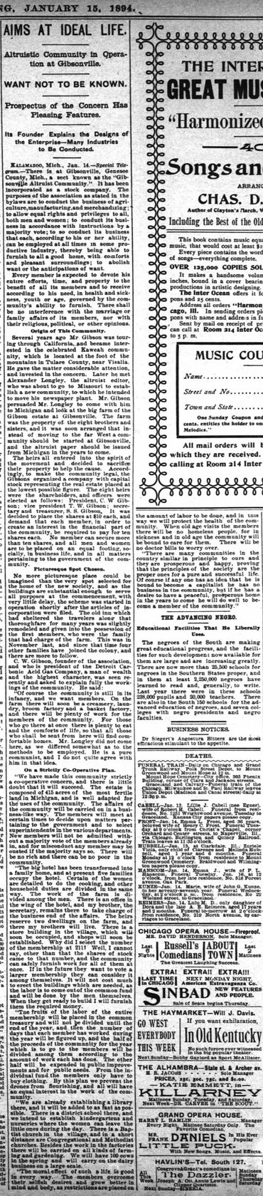 "Aims at Ideal Life. Altruist Community in Operation at Gibsonville." The Inter Ocean
Chicago, Illin