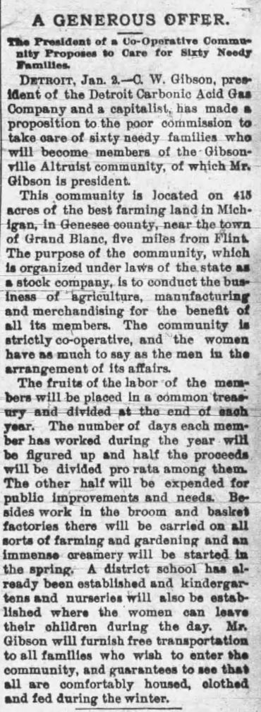 "The President of a Co-Operative Community Proposes to Care for Sixty Needy Families."
Bucyrus Journ
