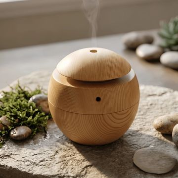 Difusor de aromaterapia de madera emitiendo vapor.