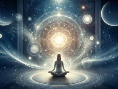 A person wearing white sitting in lotus position in a circle on the floor and there are white orbs.
