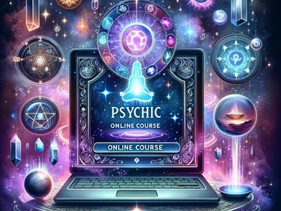 A laptop open and the words Psychic Online Course is on the screen and there is symbolism around it.