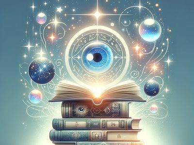 Three books laying in the middle with one book open on top and there is a big eye in the middle.