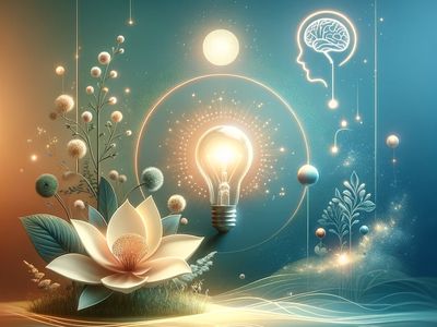A lighbulb shining in a circle in the middle, a head to the right, and a lotus flower to the left.