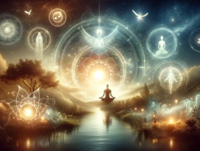 Person in lotus position near a stream with symbolism throughout.