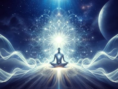 A person sitting in lotus position with abstract symbolism and waves of light eminating.