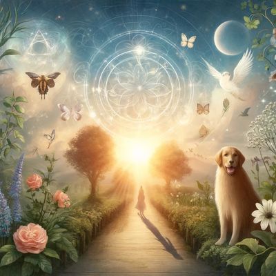 Magical elements encompass the sky and there is a path in the middle with a dog to the front right
