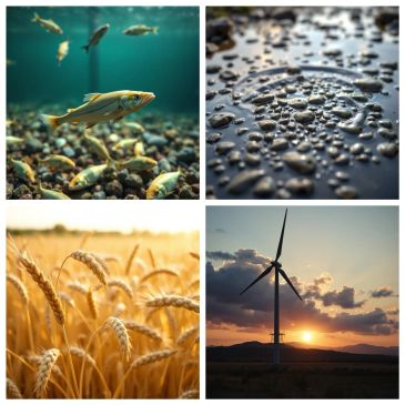 Four images showing fish underwater, raindrops on surface, wheat field, and wind turbine at sunset.