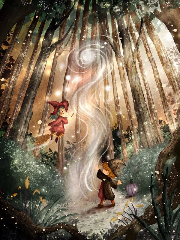 A witch and a fairy conjure magic in an enchanted forest.