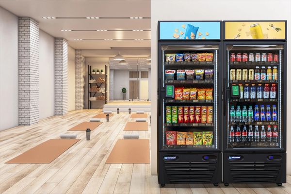 Yoga studio with vending machines stocked with snacks and drinks.