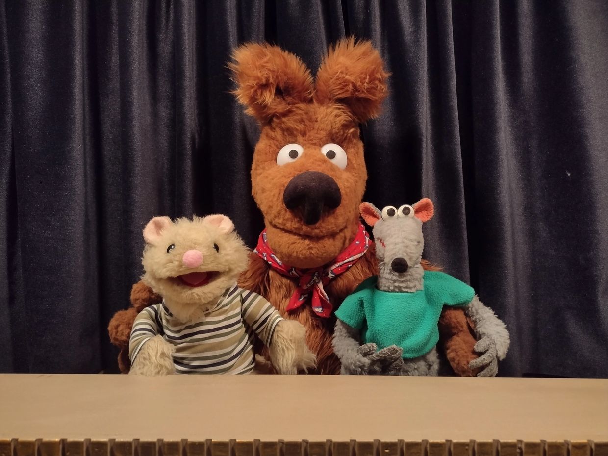 Three characters from Roz Puppets (Charlie Chipmunk, Rufus the Dog and Pete the Rat).