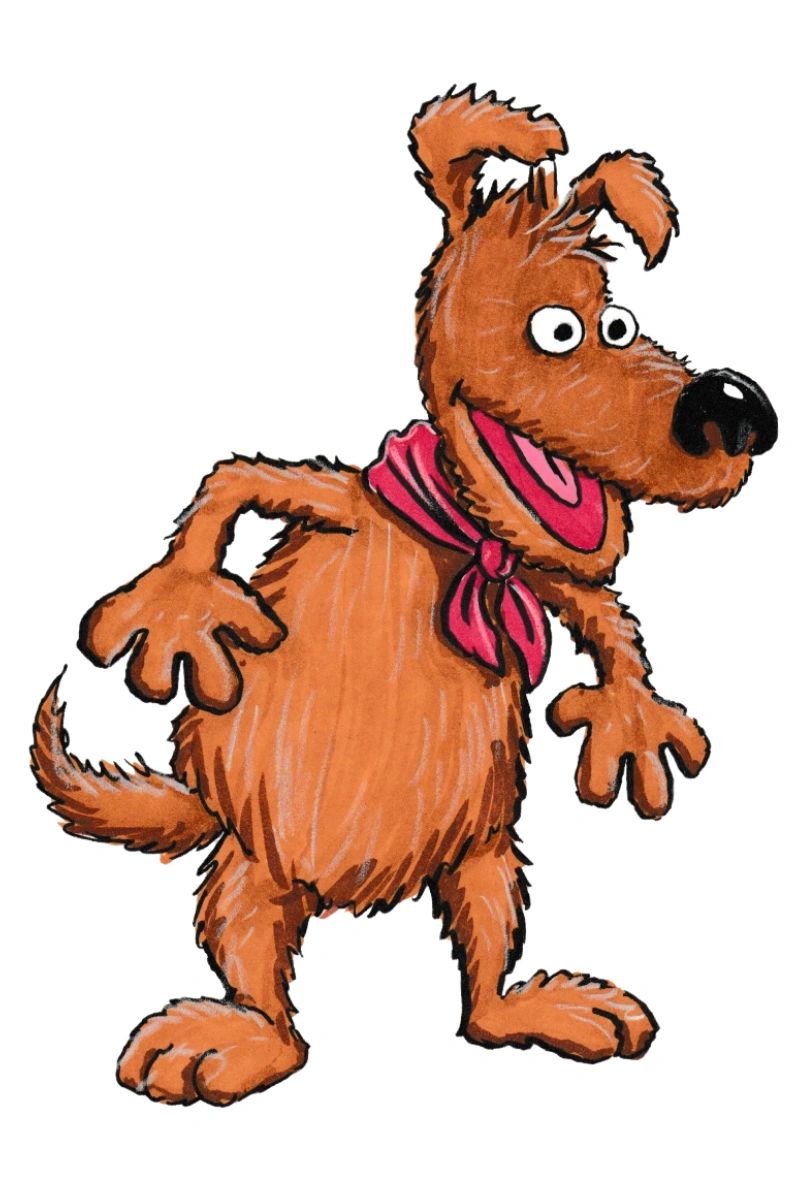 A cartoon style drawing from Scratch Pad Creations, of Rufus, a dog puppet from the Roz Puppets.