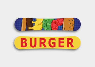 Pop art hamburger snowboard design.