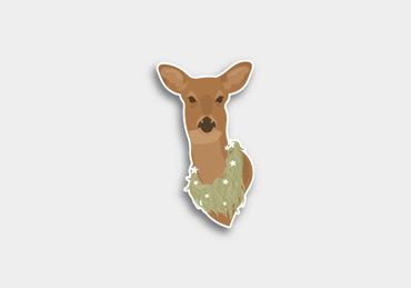 A doe with a wreath of moss around it's neck.