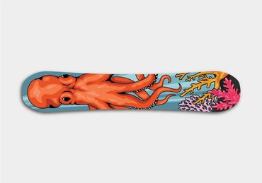 Snowboard with octopus design on it.