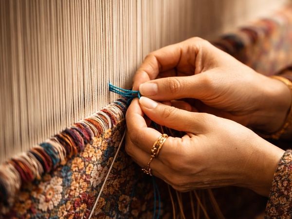 Artisan hand-knotting a Persian rug on a loom, traditional craftsmanship at Shiraz Rug