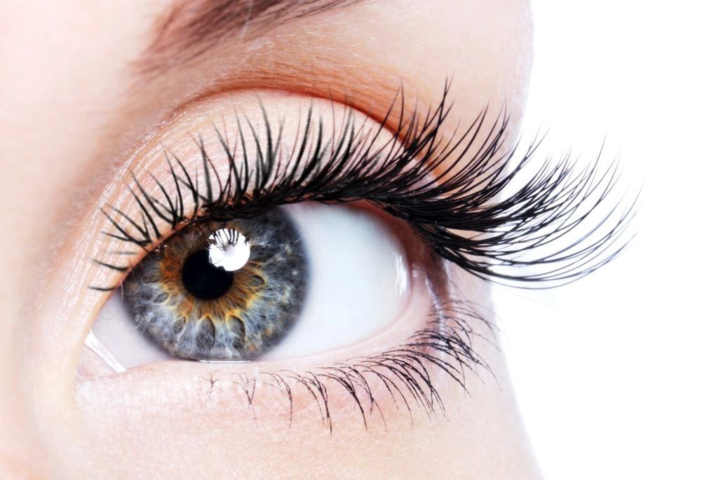 Close-up of a blue eye with long, thick eyelashes.