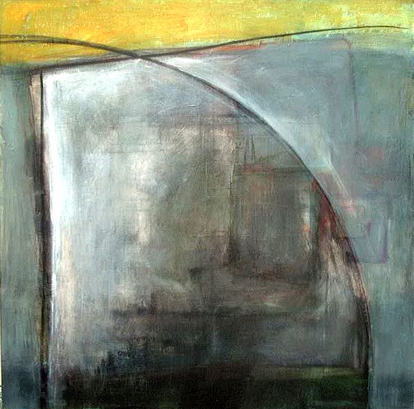 Abstract painting with curved lines and muted tones.