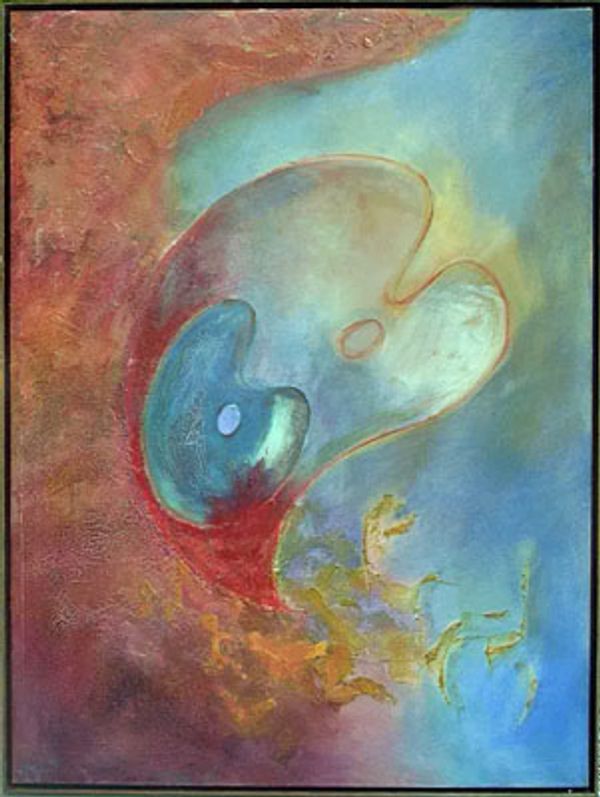 Abstract painting with mixed colors and shapes.