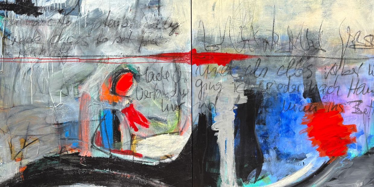 Abstract painting with colorful brush strokes and scribbled text.