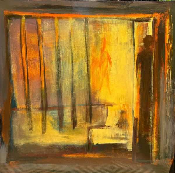 Abstract painting with warm tones and silhouetted figures.