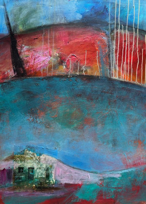 Abstract painting with a small house under vibrant red and blue background.