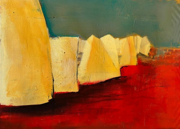 Abstract painting with yellow shapes on red and blue background.