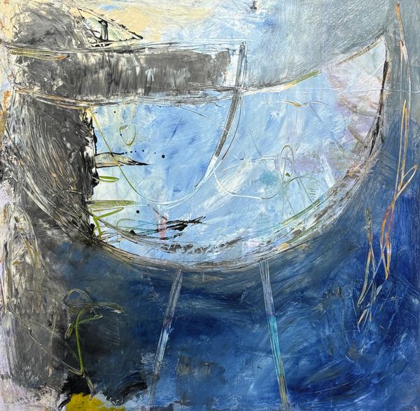 Abstract painting with blue and gray tones.