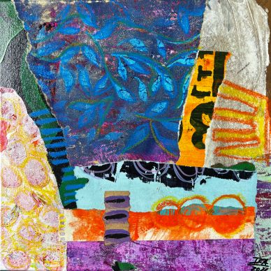 Abstract collage with colorful textured patterns and shapes.
