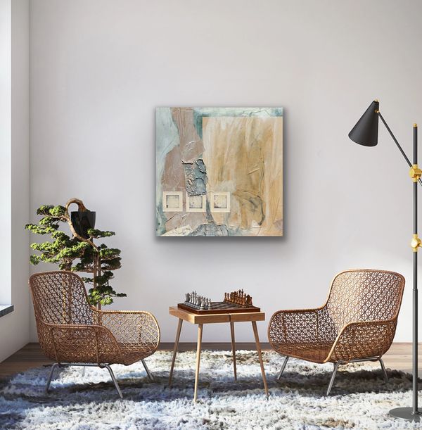 Cozy sitting area with woven chairs and chess set.