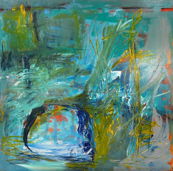 Abstract painting with blue, green, and yellow hues.