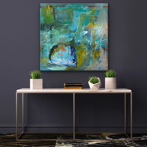 Abstract painting above a minimalist console table with plants.
