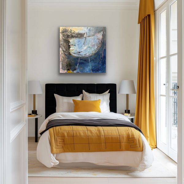 Modern bedroom with yellow and black accents.