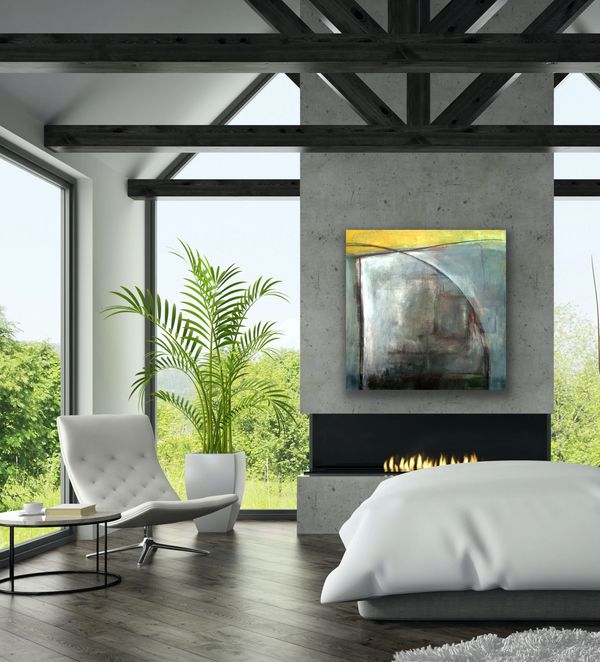 Modern bedroom with large windows, fireplace, and abstract painting.