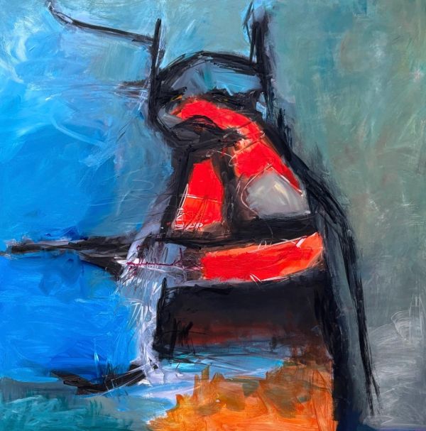 Abstract painting with vibrant blues, reds, and oranges.