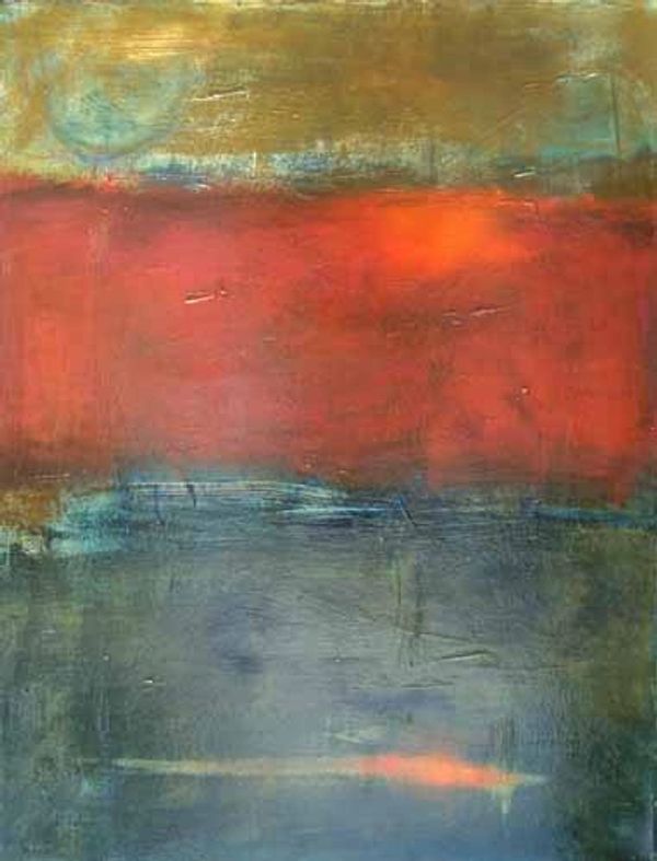 Abstract painting with horizontal color bands of brown, red, and blue.