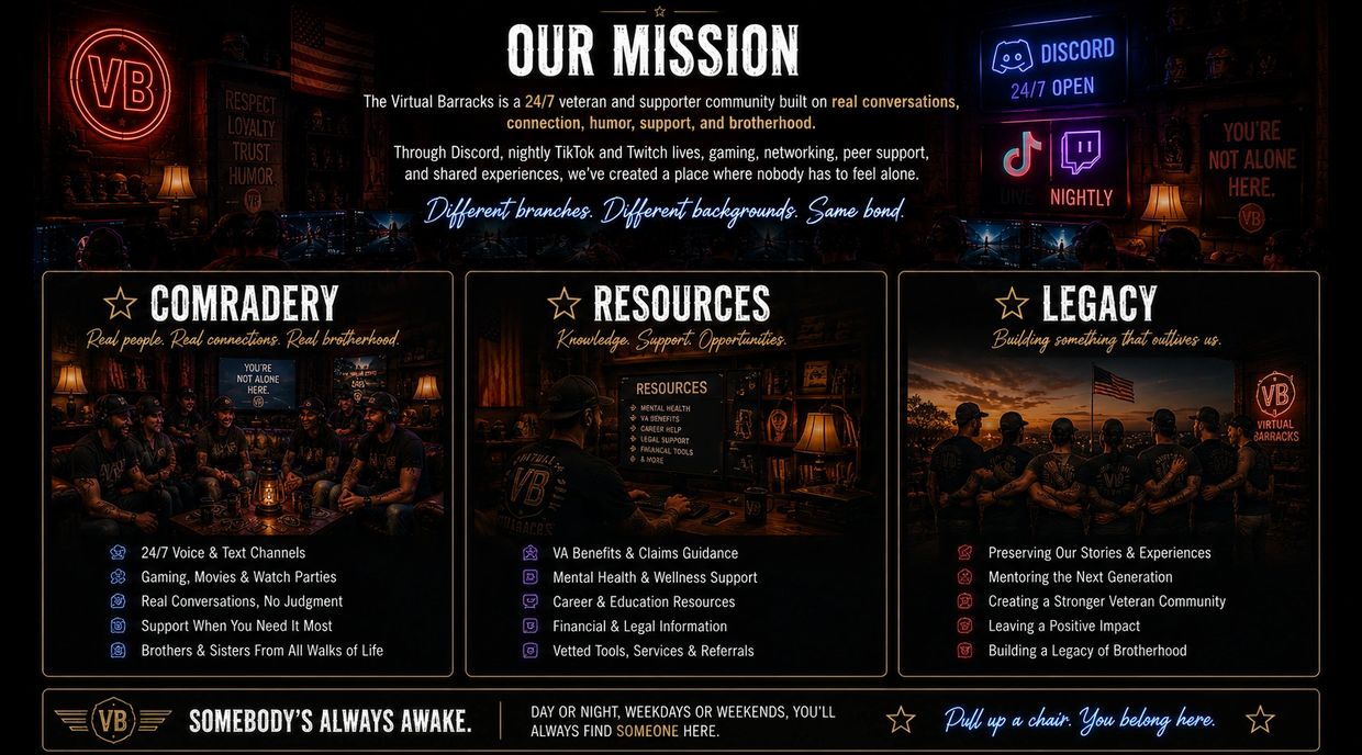 Virtual Barracks offers 24/7 veteran support through camaraderie, resources, and legacy building.