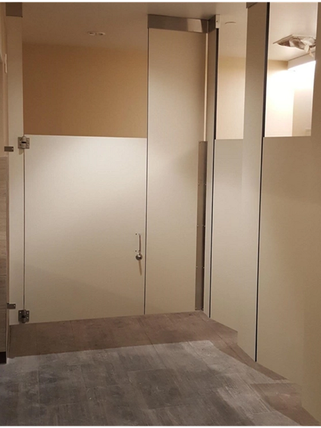 Ceiling hung solid phenolic partitions in a public restroom.