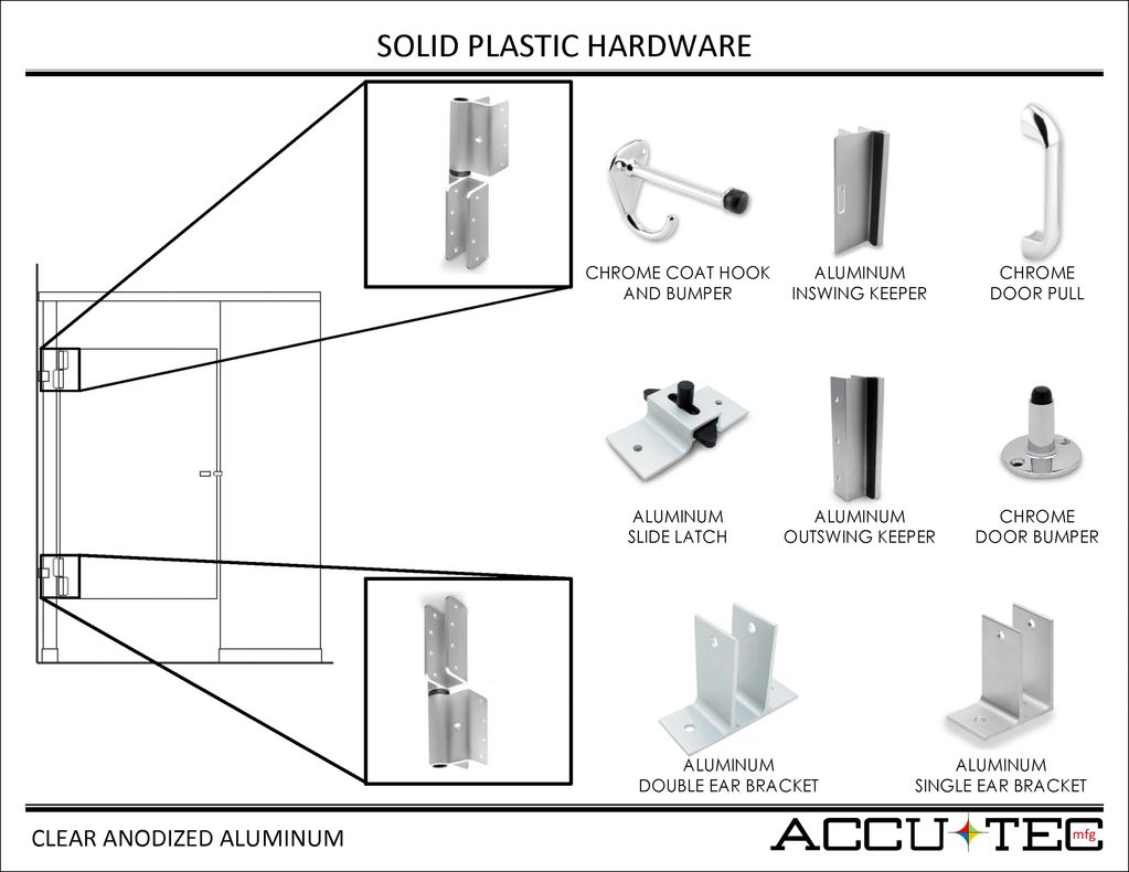 Clear anodized aluminum hardware consisting of brackets, hinges, slide latch, and keepers.