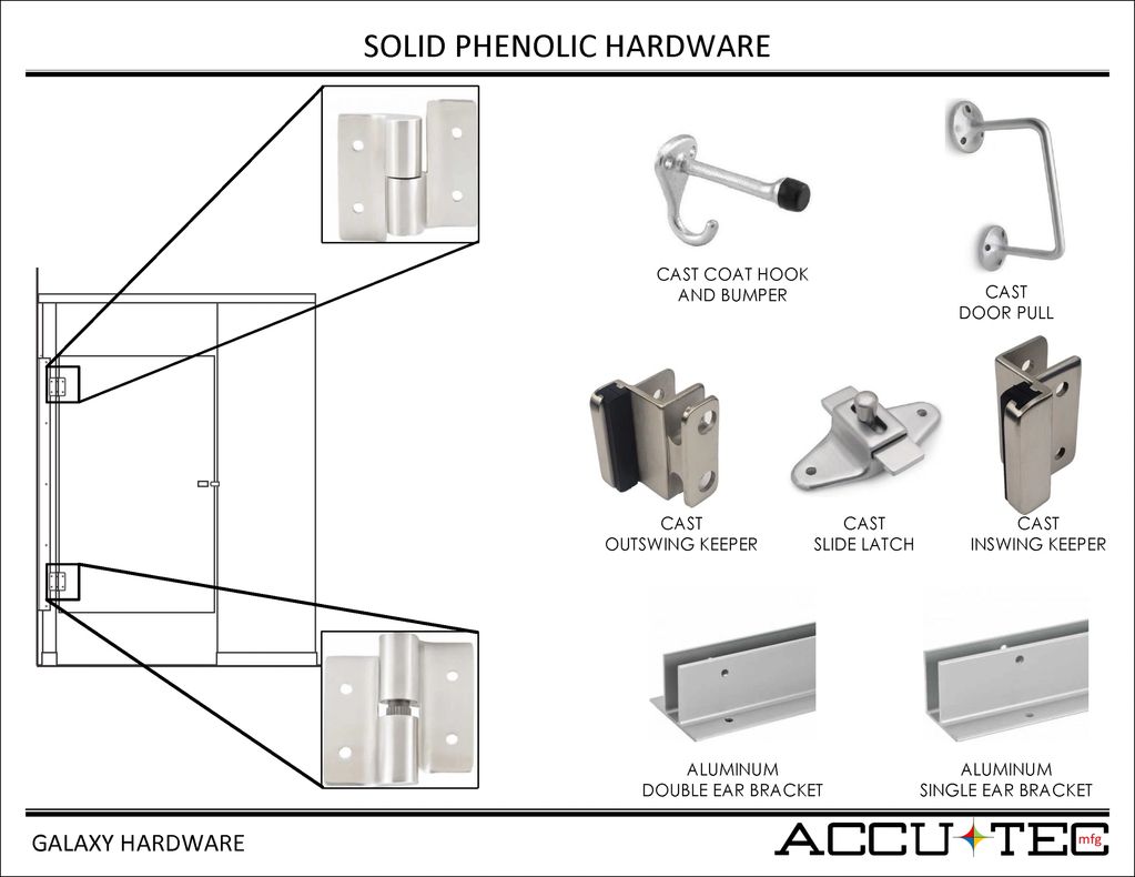 Galaxy hardware consisting of aluminum brackets and cast slide latch, keepers, door pull, and hook.