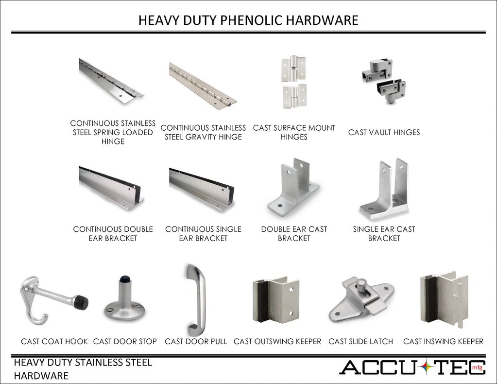 Heavy duty stainless steel cast door hardware and brackets and continuous brackets and hinges.