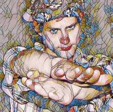 Abstract stained-glass style portrait of a person with piercing blue eyes reaching forward.